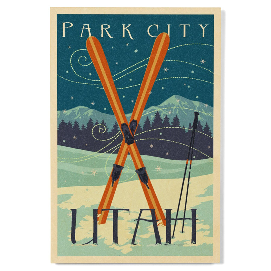 Utah, Crossed Skis, Letterpress, Lantern Press Artwork, Wood Signs and Postcards Wood Lantern Press