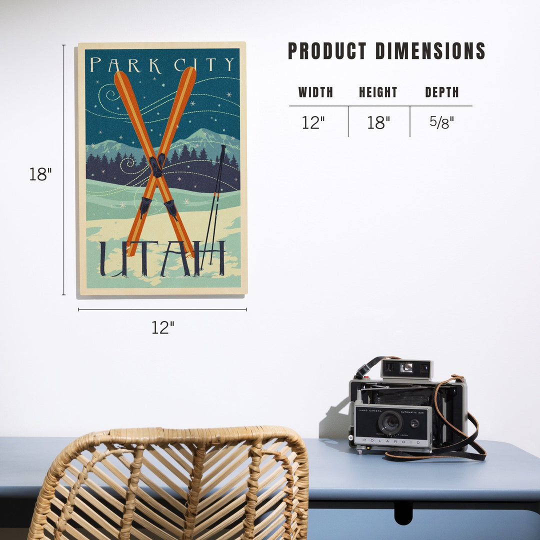 Utah, Crossed Skis, Letterpress, Lantern Press Artwork, Wood Signs and Postcards Wood Lantern Press