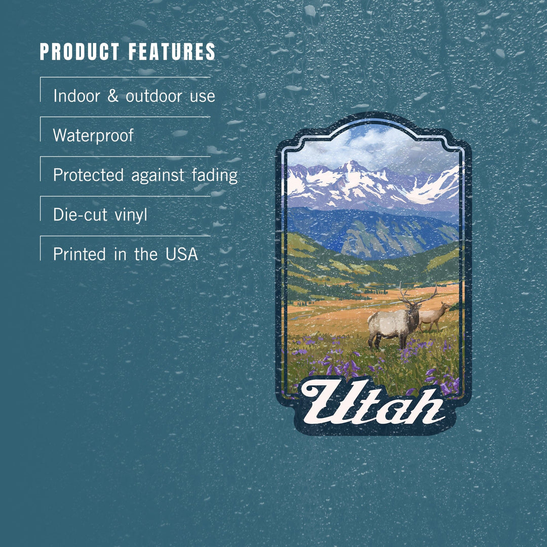 Utah, Elk & Flowers, Contour, Lantern Press Artwork, Vinyl Sticker Sticker Lantern Press