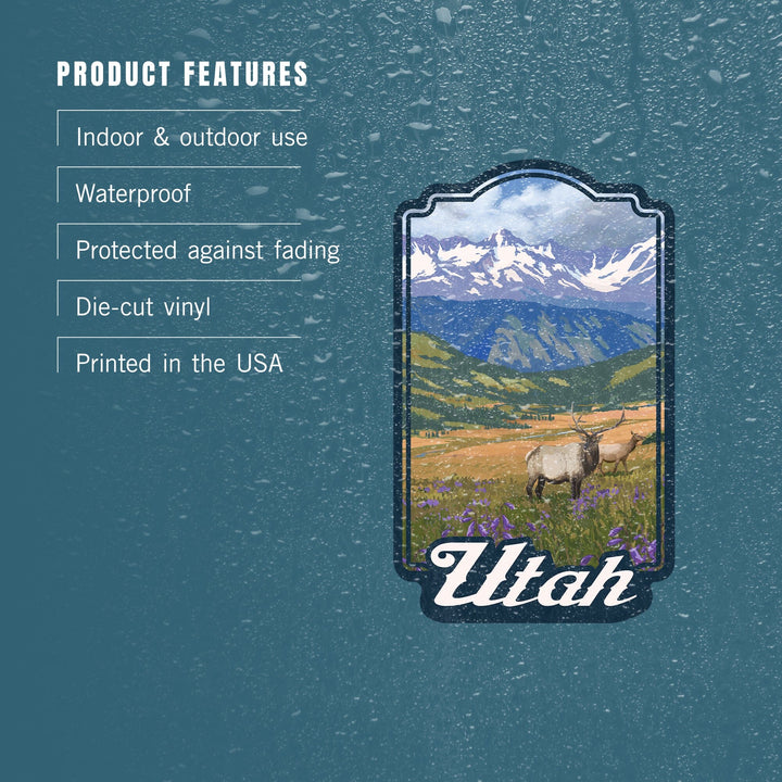 Utah, Elk & Flowers, Contour, Lantern Press Artwork, Vinyl Sticker Sticker Lantern Press