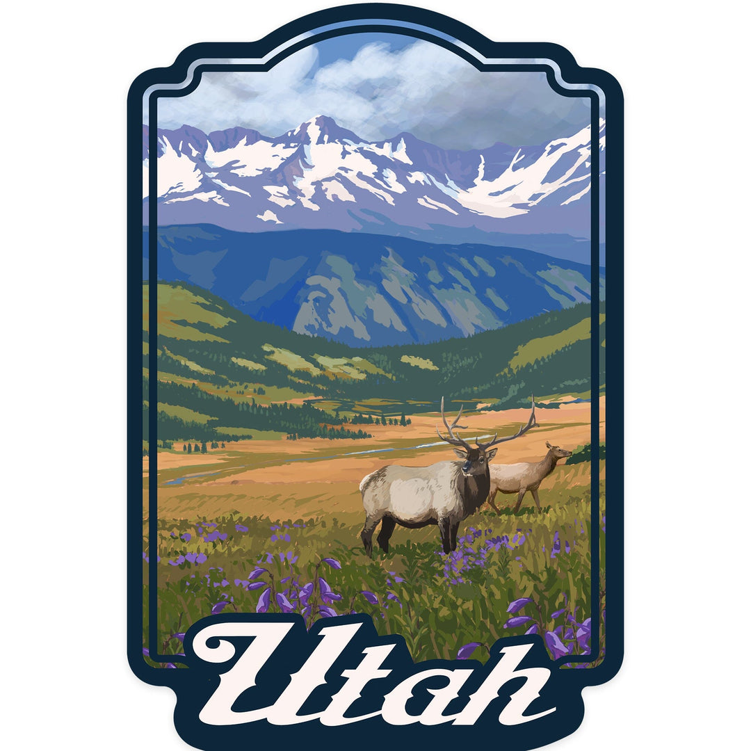 Utah, Elk & Flowers, Contour, Lantern Press Artwork, Vinyl Sticker Sticker Lantern Press