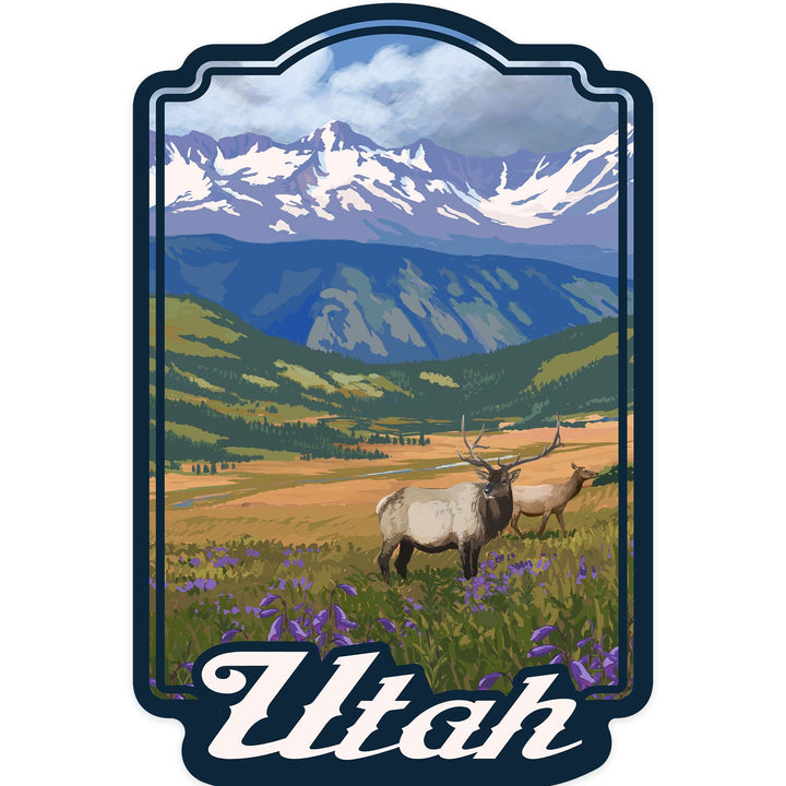 Utah, Elk & Flowers, Contour, Lantern Press Artwork, Vinyl Sticker Sticker Lantern Press