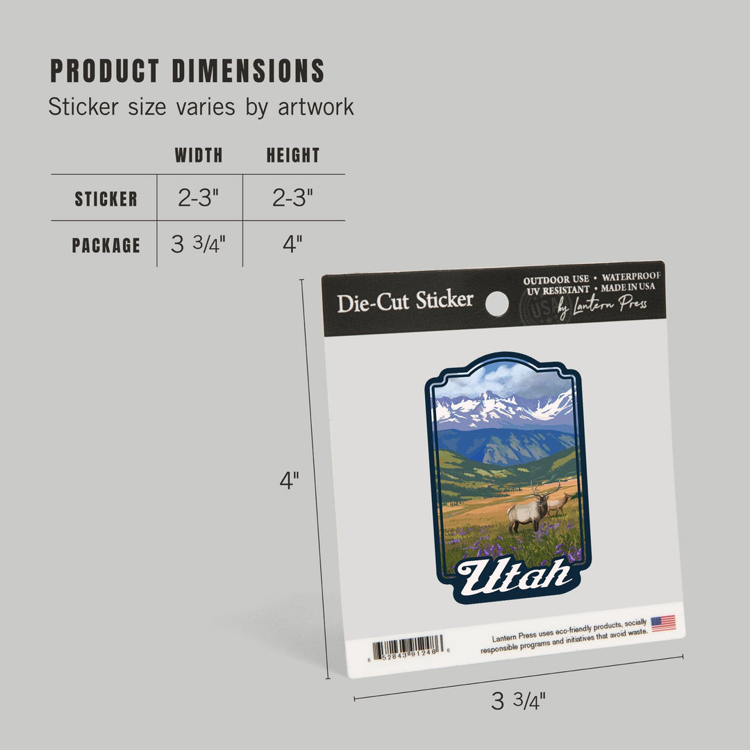 Utah, Elk & Flowers, Contour, Lantern Press Artwork, Vinyl Sticker Sticker Lantern Press