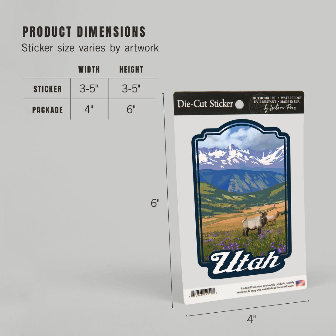 Utah, Elk & Flowers, Contour, Lantern Press Artwork, Vinyl Sticker Sticker Lantern Press
