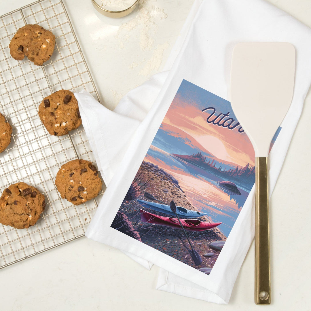 Utah, Glassy Sunrise, Kayak, Organic Cotton Kitchen Tea Towels Kitchen Lantern Press
