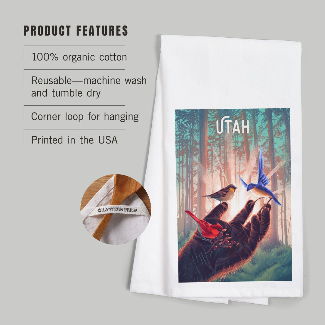 Utah, Kindness is Legendary, Bigfoot With Birds, Organic Cotton Kitchen Tea Towels Kitchen Lantern Press