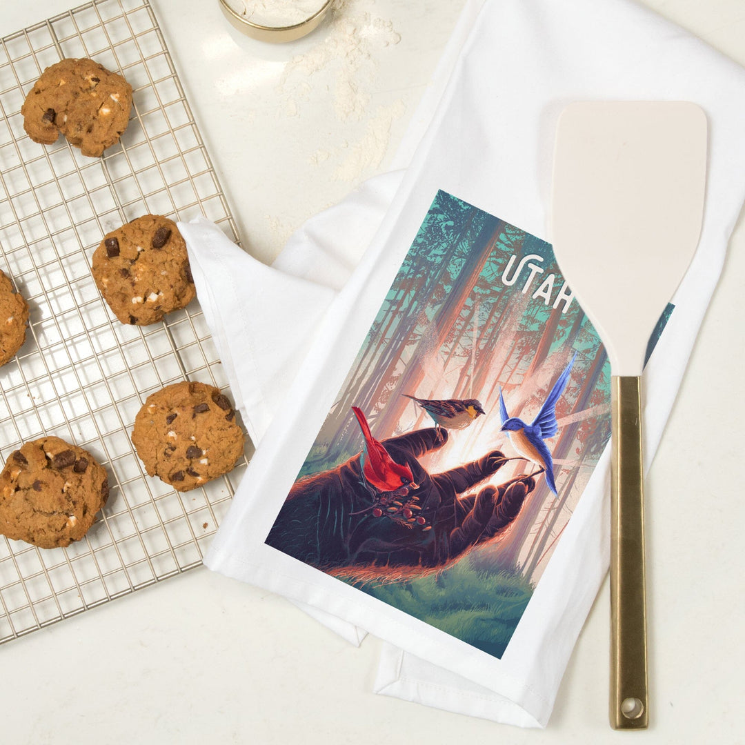 Utah, Kindness is Legendary, Bigfoot With Birds, Organic Cotton Kitchen Tea Towels Kitchen Lantern Press