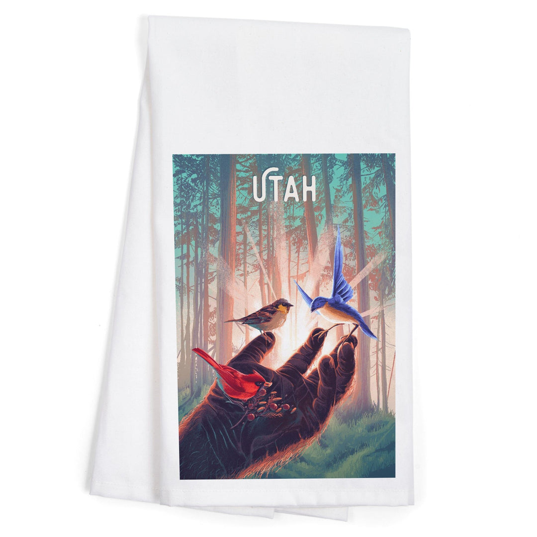 Utah, Kindness is Legendary, Bigfoot With Birds, Organic Cotton Kitchen Tea Towels Kitchen Lantern Press
