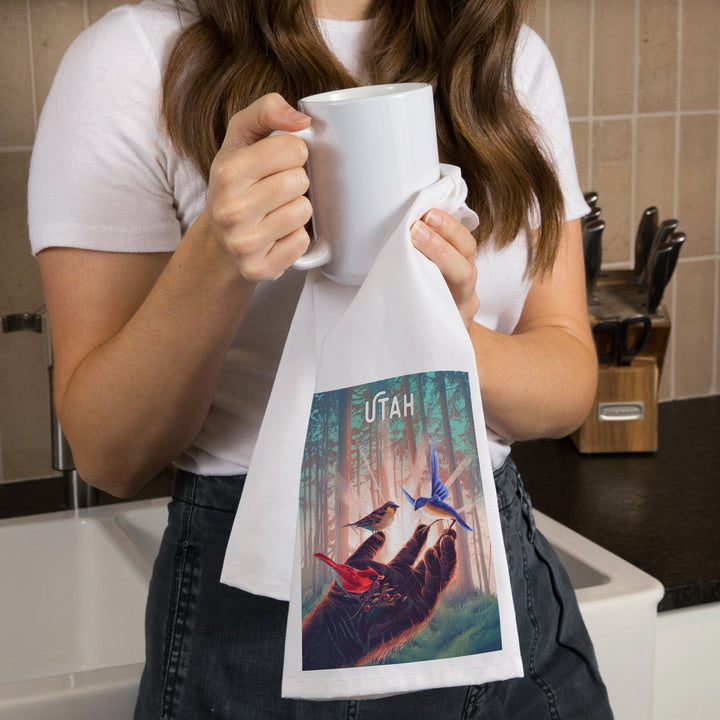 Utah, Kindness is Legendary, Bigfoot With Birds, Organic Cotton Kitchen Tea Towels Kitchen Lantern Press