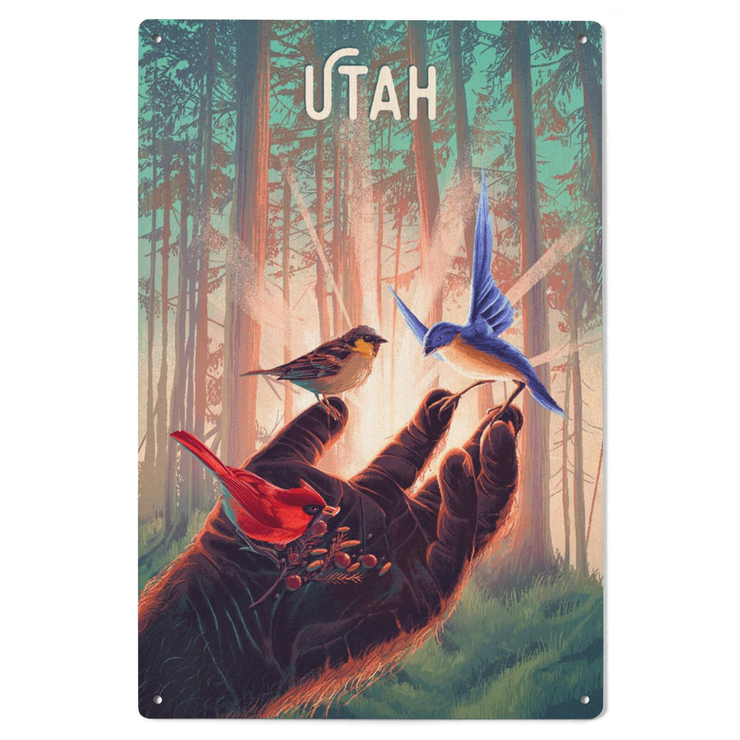 Utah, Kindness is Legendary, Bigfoot With Birds, Wood Signs and Postcards Wood Lantern Press