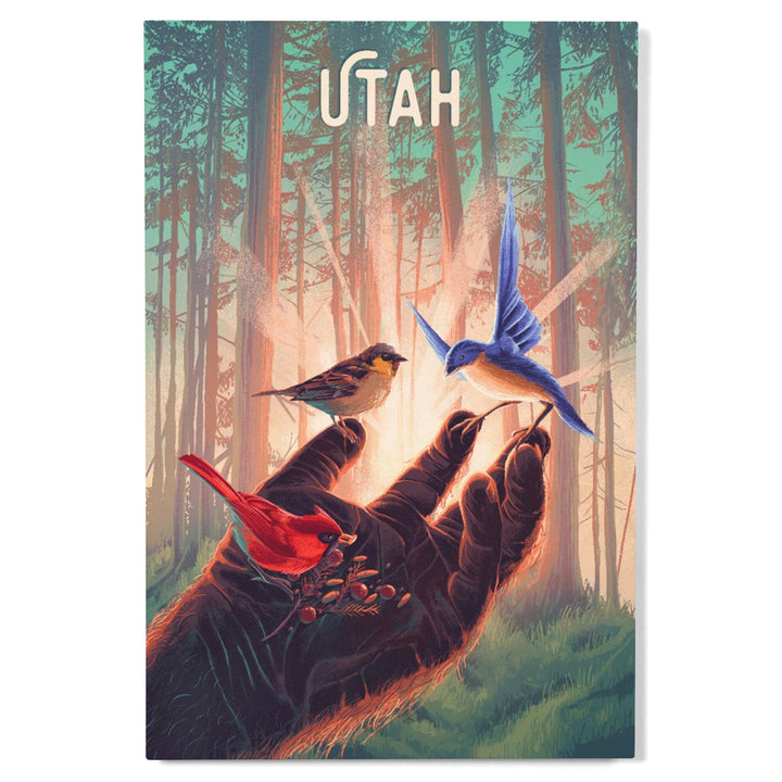 Utah, Kindness is Legendary, Bigfoot With Birds, Wood Signs and Postcards Wood Lantern Press