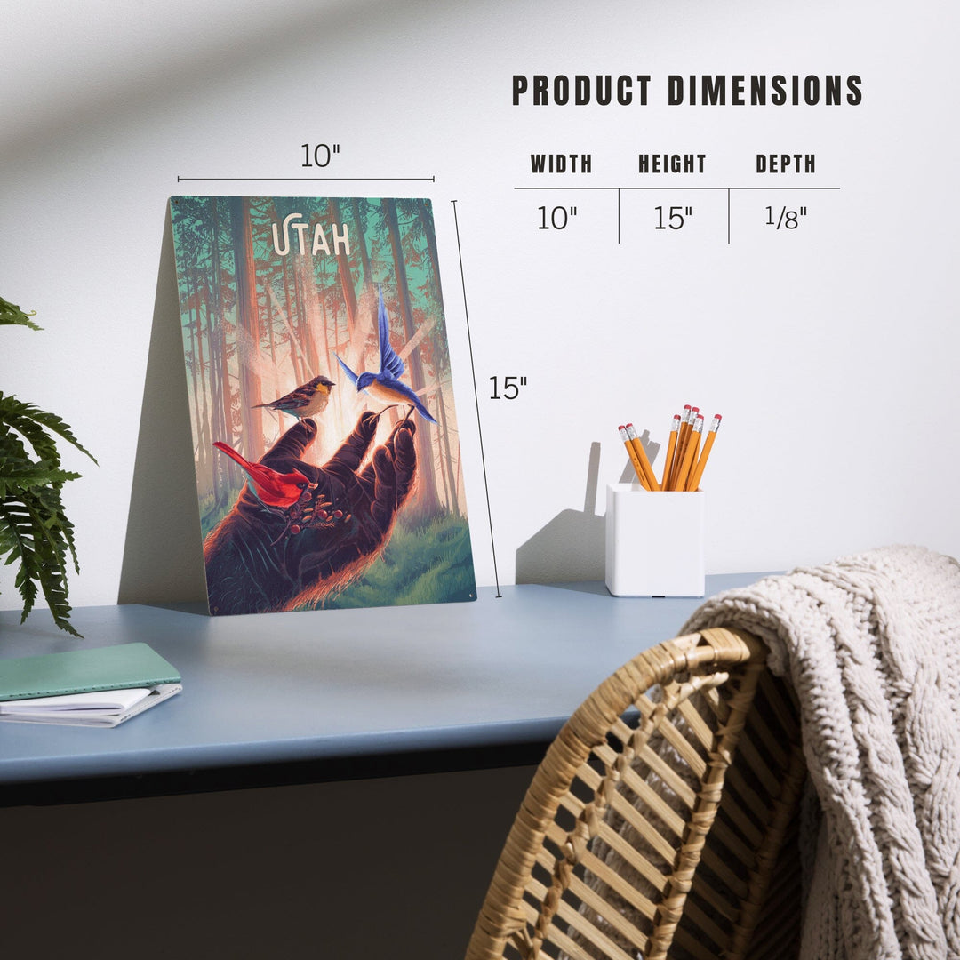 Utah, Kindness is Legendary, Bigfoot With Birds, Wood Signs and Postcards Wood Lantern Press