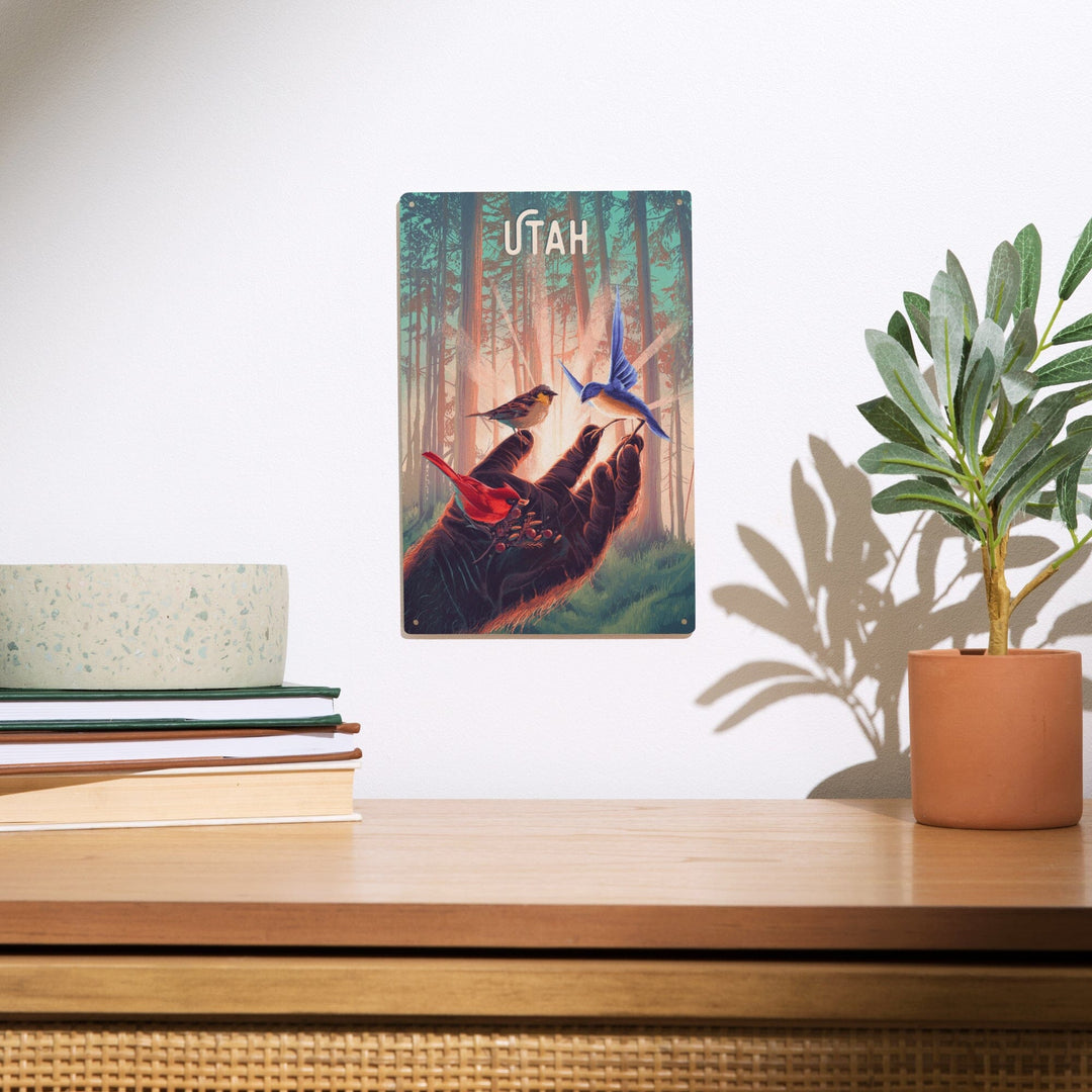 Utah, Kindness is Legendary, Bigfoot With Birds, Wood Signs and Postcards Wood Lantern Press