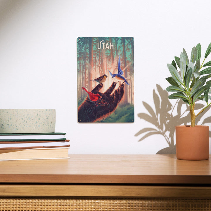 Utah, Kindness is Legendary, Bigfoot With Birds, Wood Signs and Postcards Wood Lantern Press