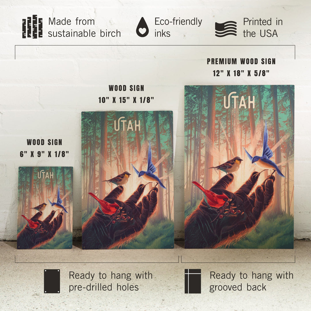 Utah, Kindness is Legendary, Bigfoot With Birds, Wood Signs and Postcards Wood Lantern Press