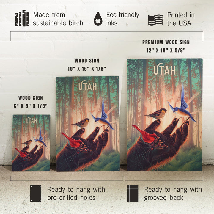 Utah, Kindness is Legendary, Bigfoot With Birds, Wood Signs and Postcards Wood Lantern Press