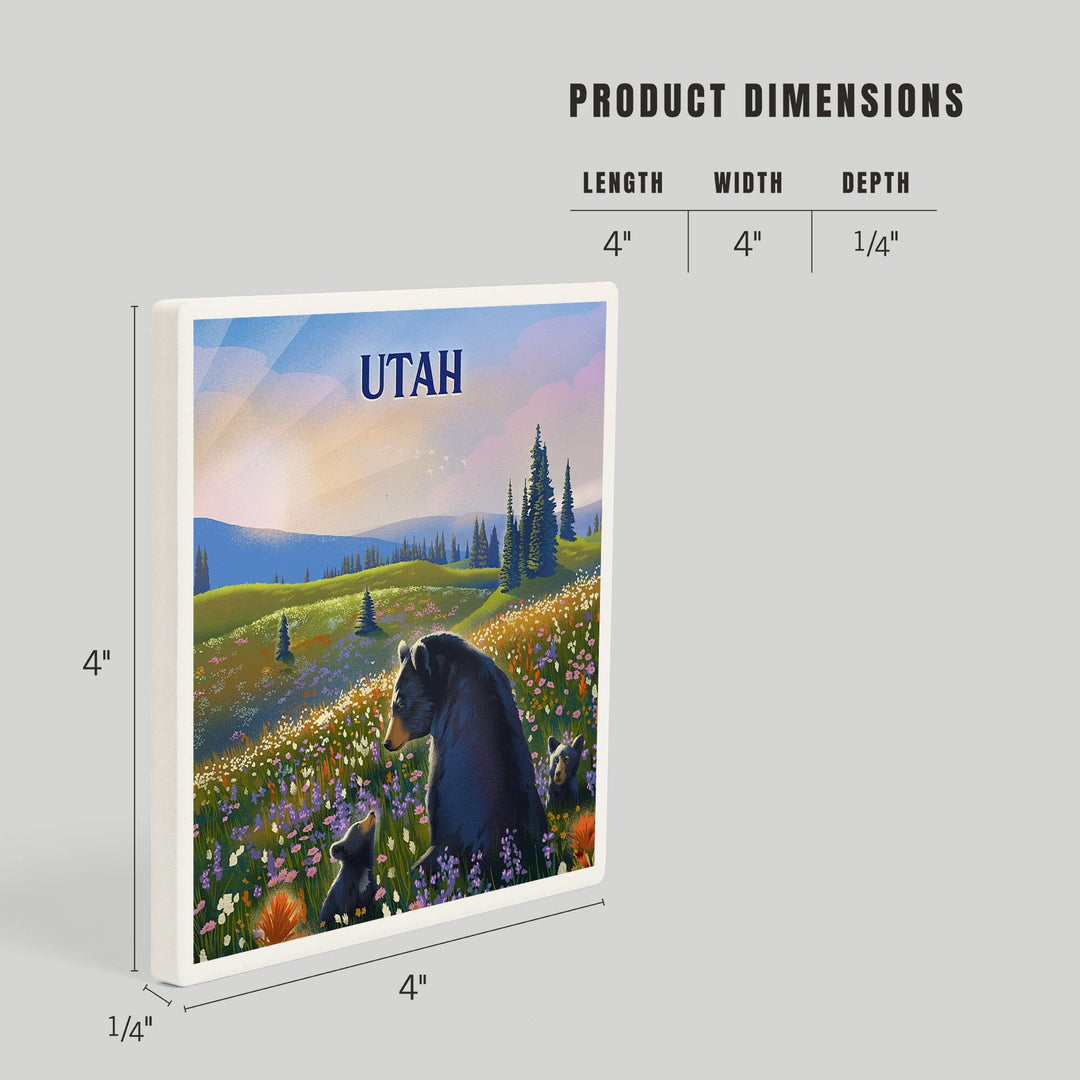 Utah, Lithograph, Bear Family in Field, Coasters Coasters Lantern Press
