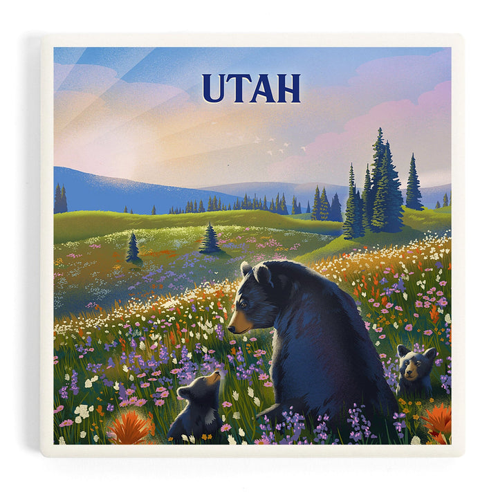 Utah, Lithograph, Bear Family in Field, Coasters Coasters Lantern Press Coaster