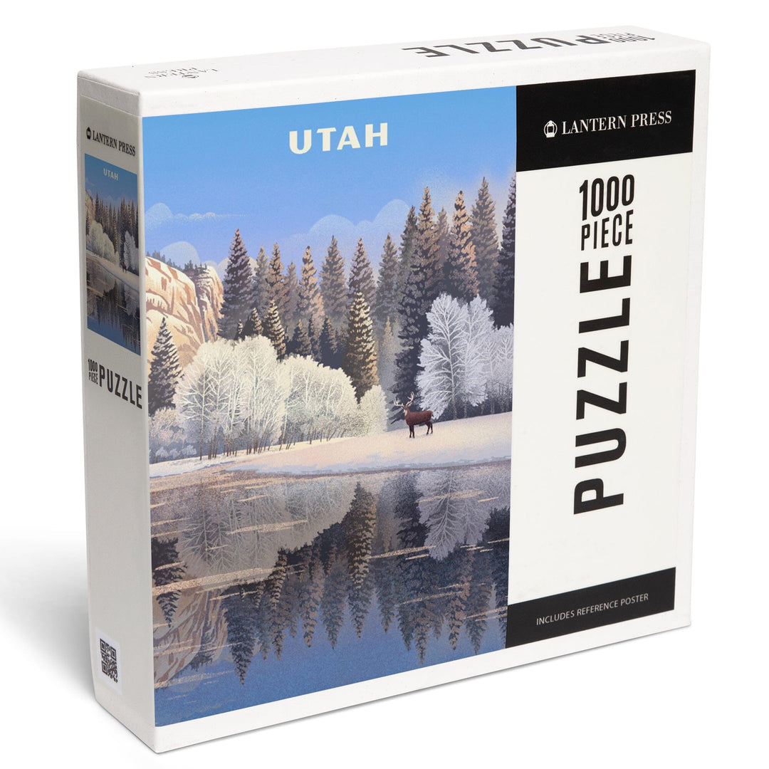 Utah, Lithograph, Lone Deer By Snowy Lake, Jigsaw Puzzle Puzzle Lantern Press