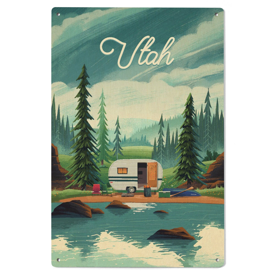 Utah, Outdoor Activity, At Home Anywhere, Camper in Evergreens, Wood Signs and Postcards Wood Lantern Press