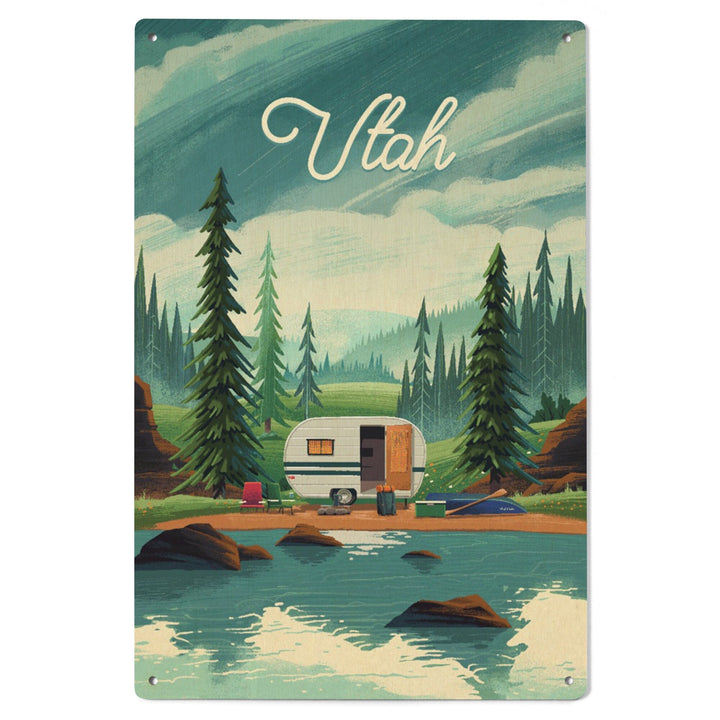 Utah, Outdoor Activity, At Home Anywhere, Camper in Evergreens, Wood Signs and Postcards Wood Lantern Press