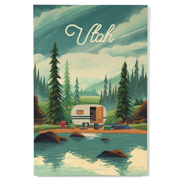 Utah, Outdoor Activity, At Home Anywhere, Camper in Evergreens, Wood Signs and Postcards Wood Lantern Press