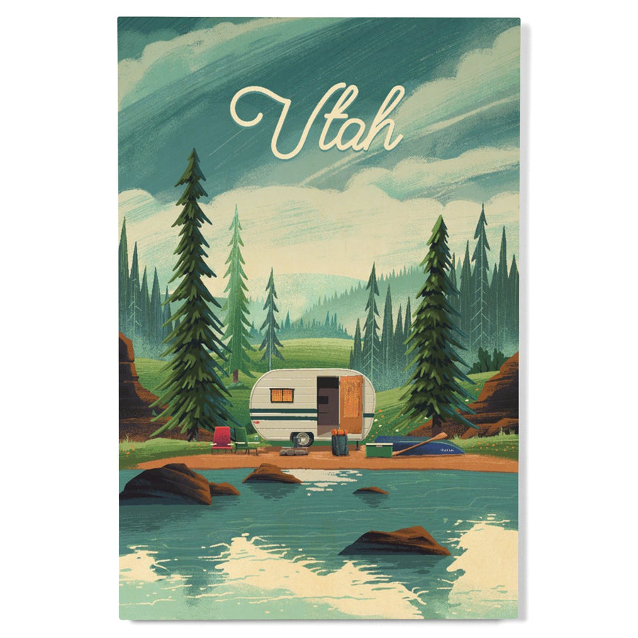 Utah, Outdoor Activity, At Home Anywhere, Camper in Evergreens, Wood Signs and Postcards Wood Lantern Press