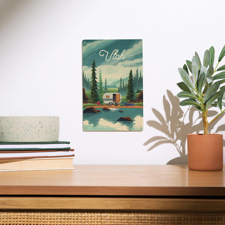 Utah, Outdoor Activity, At Home Anywhere, Camper in Evergreens, Wood Signs and Postcards Wood Lantern Press