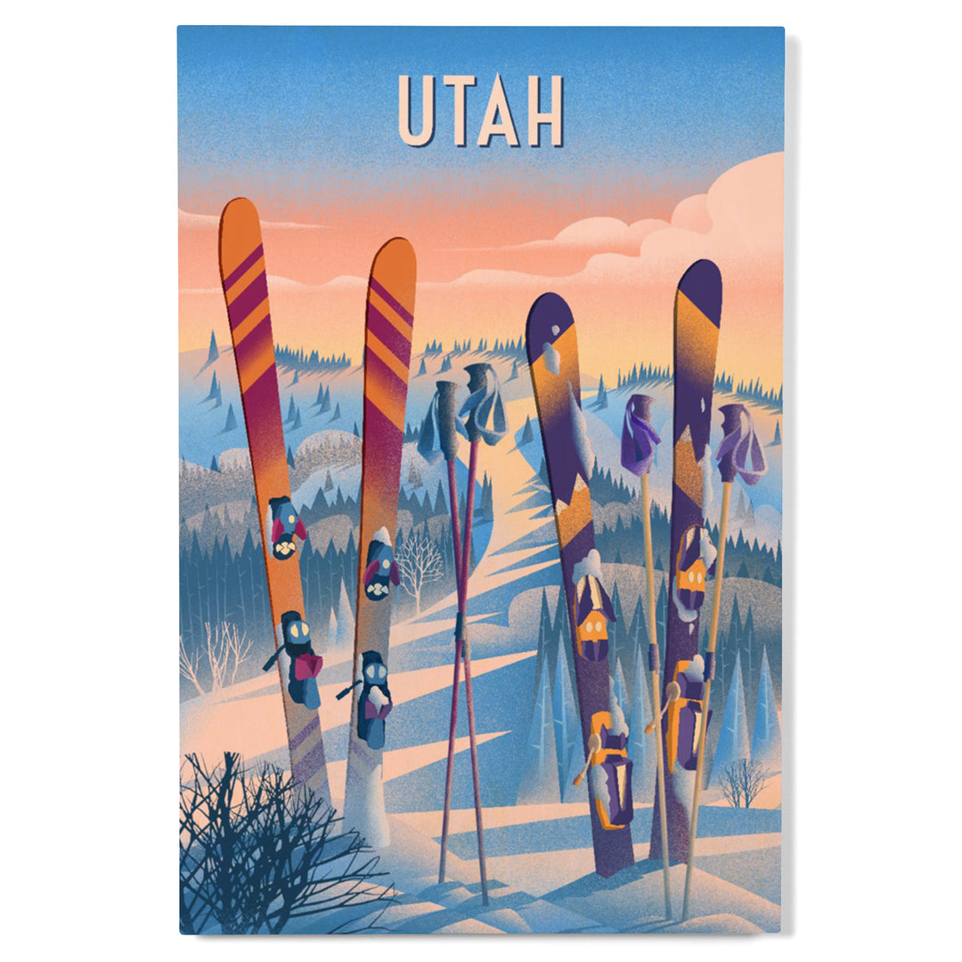 Utah, Prepare for Takeoff, Skis in Snowbank, Wood Signs and Postcards Wood Lantern Press