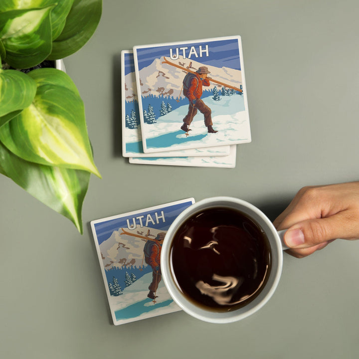 Utah, Skier Carrying Skis, Coasters Coasters Lantern Press