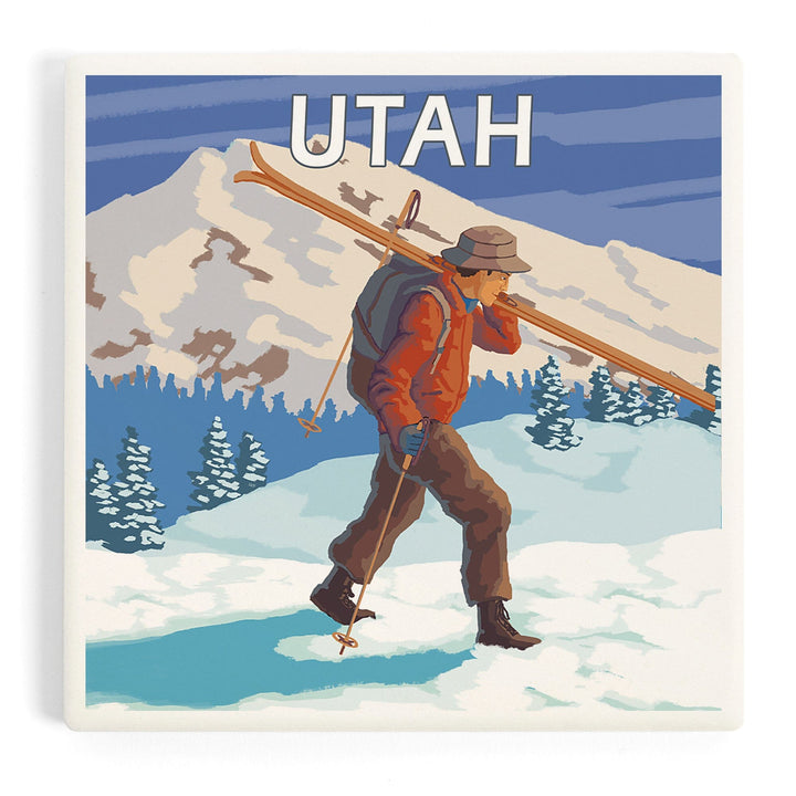 Utah, Skier Carrying Skis, Coasters Coasters Lantern Press Coaster