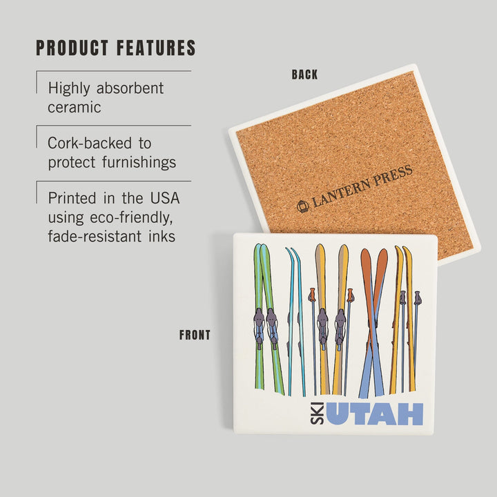 Utah, Skis in Snow, Coasters Coasters Lantern Press