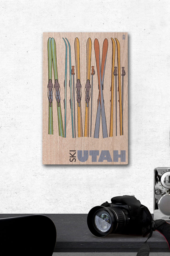 Utah, Skis in Snow, Lantern Press Artwork, Wood Signs and Postcards Wood Lantern Press 12 x 18 Wood Gallery Print
