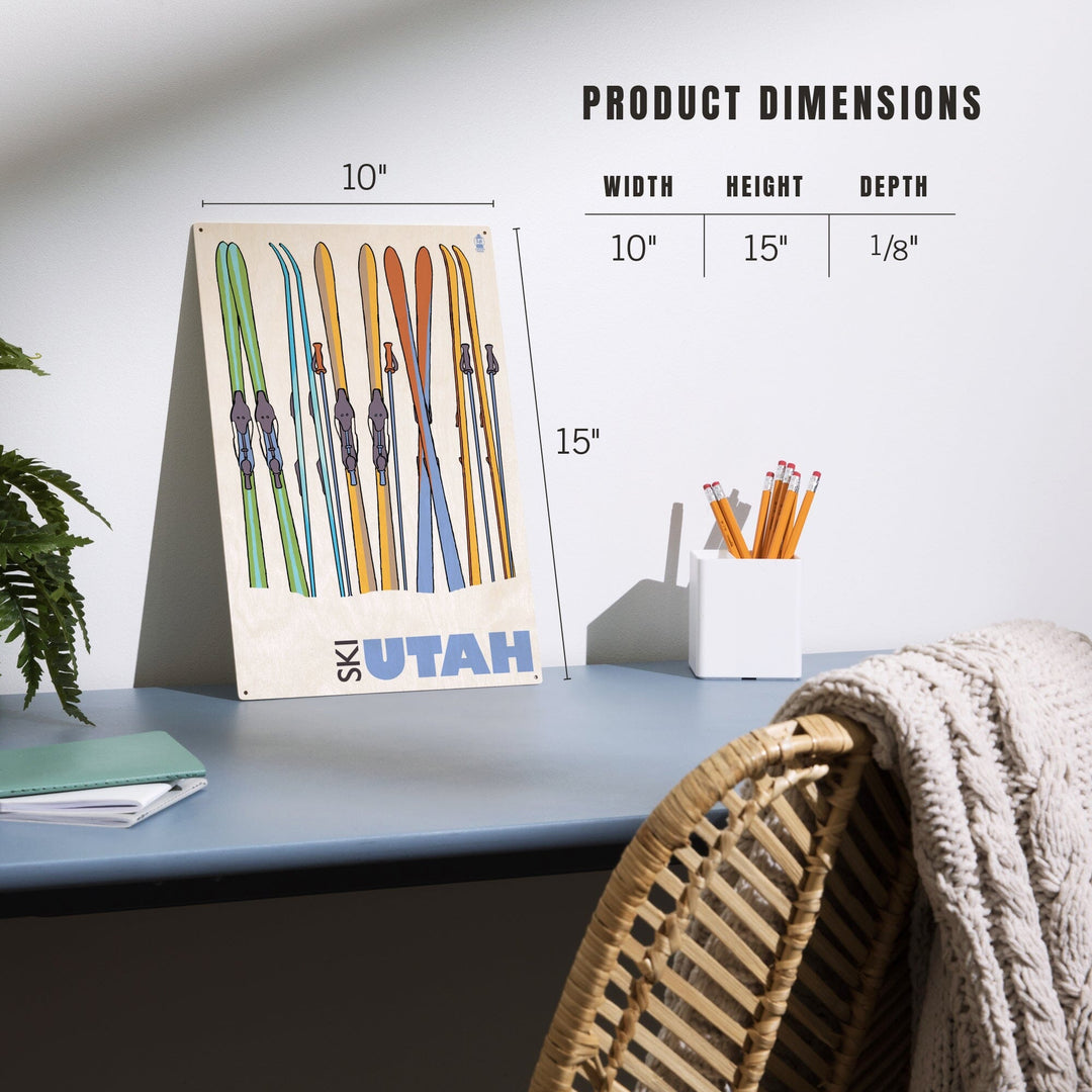 Utah, Skis in Snow, Lantern Press Artwork, Wood Signs and Postcards Wood Lantern Press