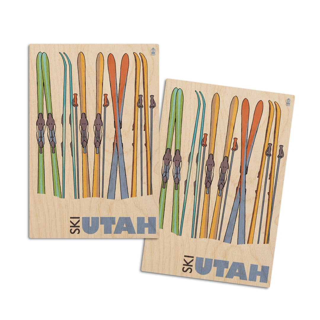 Utah, Skis in Snow, Lantern Press Artwork, Wood Signs and Postcards Wood Lantern Press 4x6 Wood Postcard Set