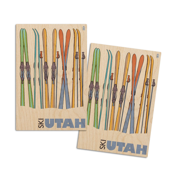 Utah, Skis in Snow, Lantern Press Artwork, Wood Signs and Postcards Wood Lantern Press 4x6 Wood Postcard Set
