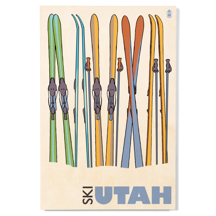 Utah, Skis in Snow, Lantern Press Artwork, Wood Signs and Postcards Wood Lantern Press