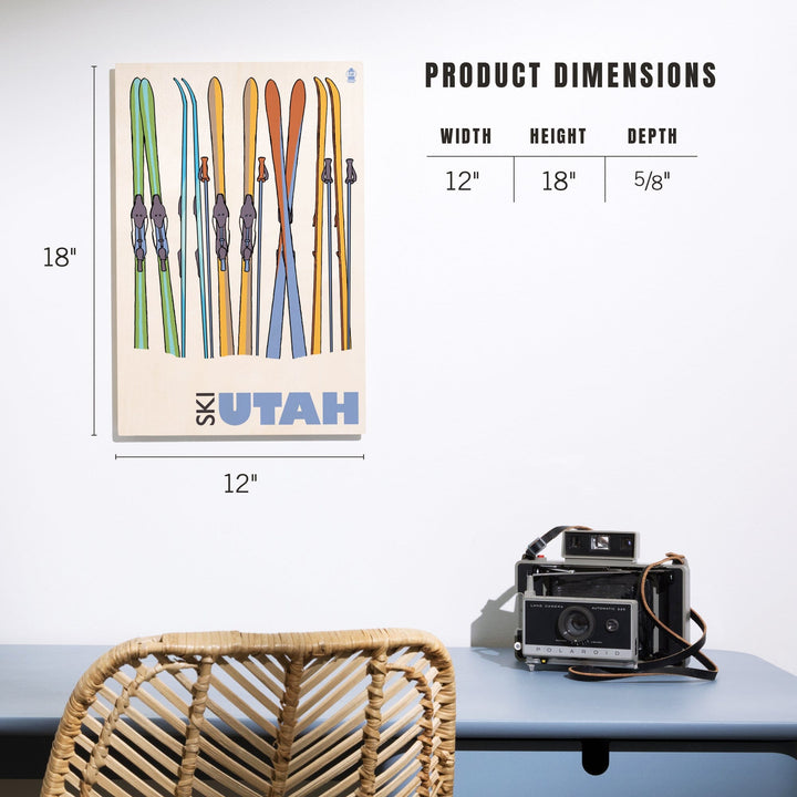Utah, Skis in Snow, Lantern Press Artwork, Wood Signs and Postcards Wood Lantern Press