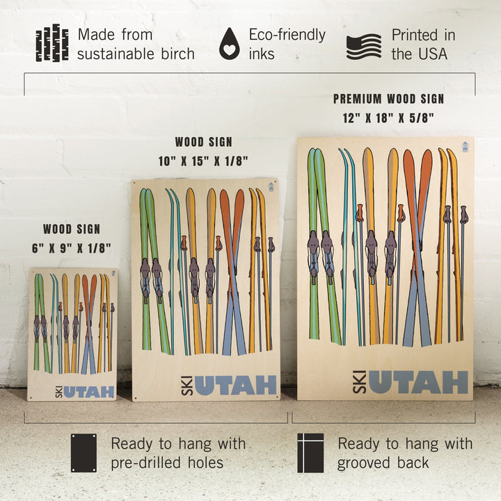 Utah, Skis in Snow, Lantern Press Artwork, Wood Signs and Postcards Wood Lantern Press