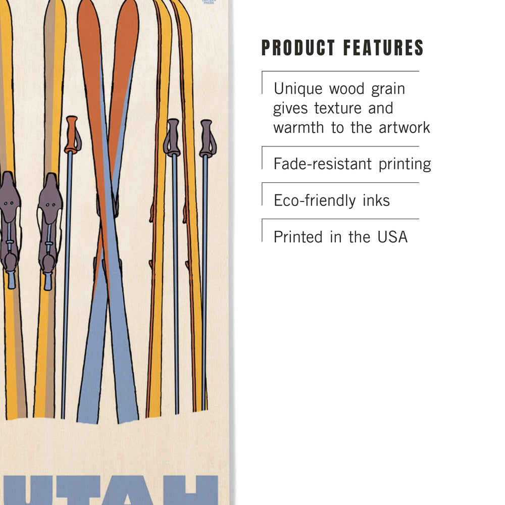 Utah, Skis in Snow, Lantern Press Artwork, Wood Signs and Postcards Wood Lantern Press