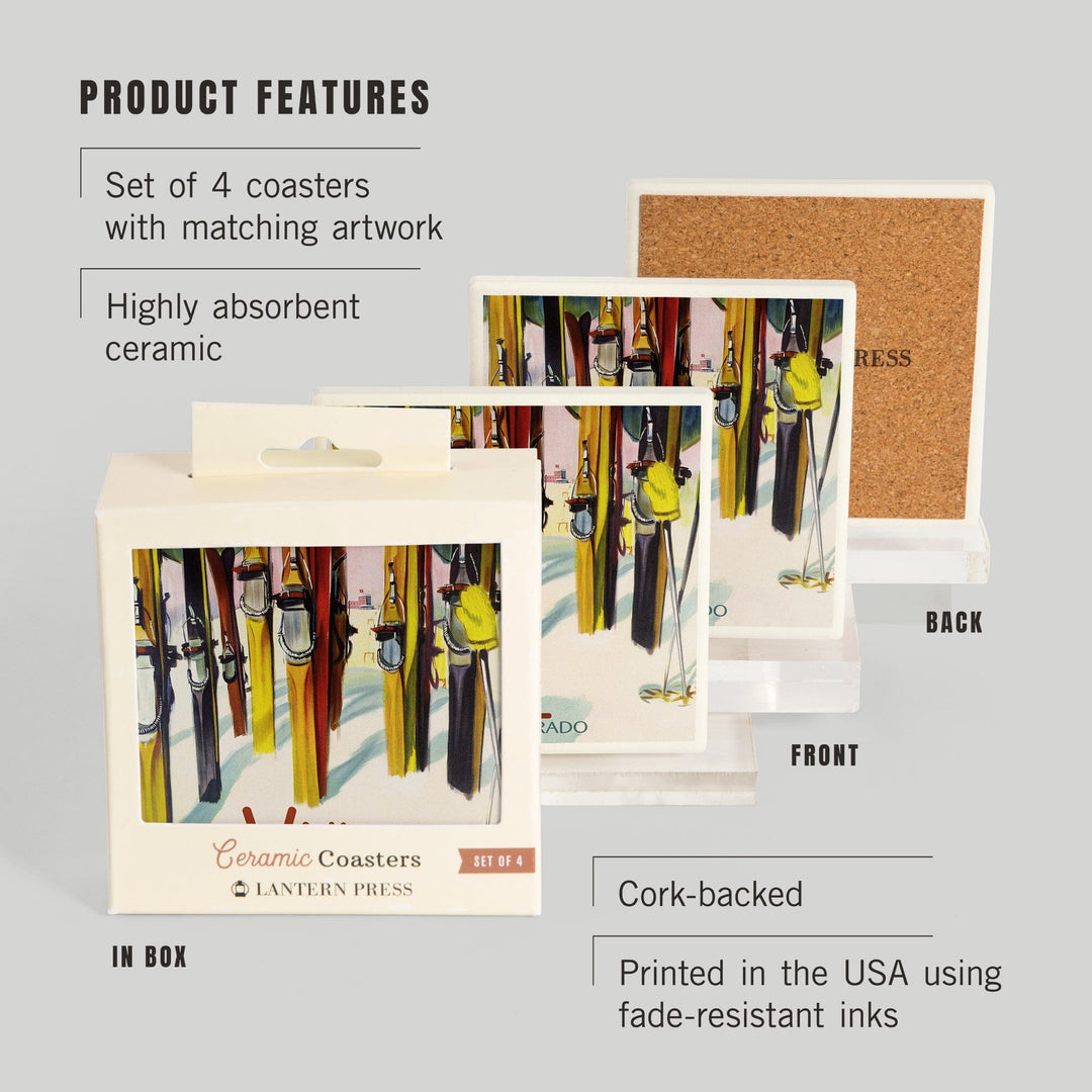 Vail, Colorado, Colorful Skis, Coasters Coasters Lantern Press