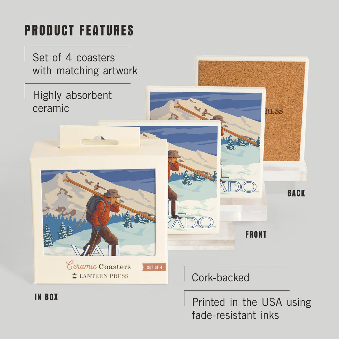 Vail, Colorado, Skier Carrying Skis, Coasters Coasters Lantern Press