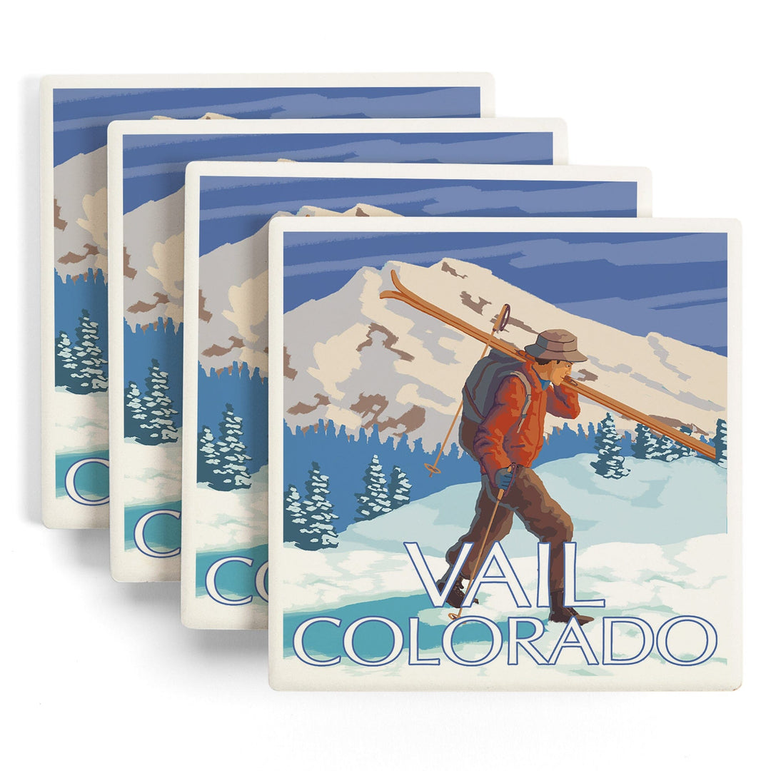 Vail, Colorado, Skier Carrying Skis, Coasters Coasters Lantern Press