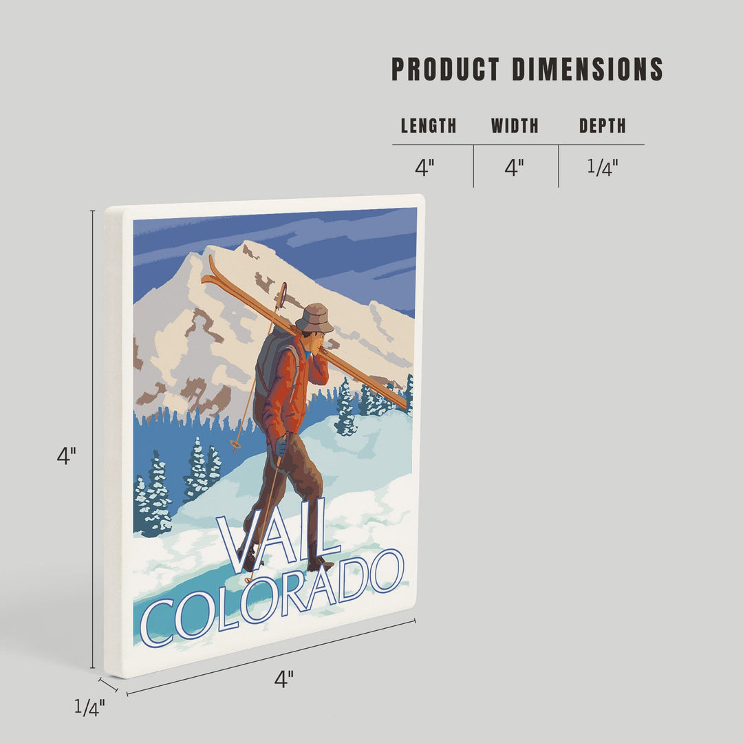 Vail, Colorado, Skier Carrying Skis, Coasters Coasters Lantern Press
