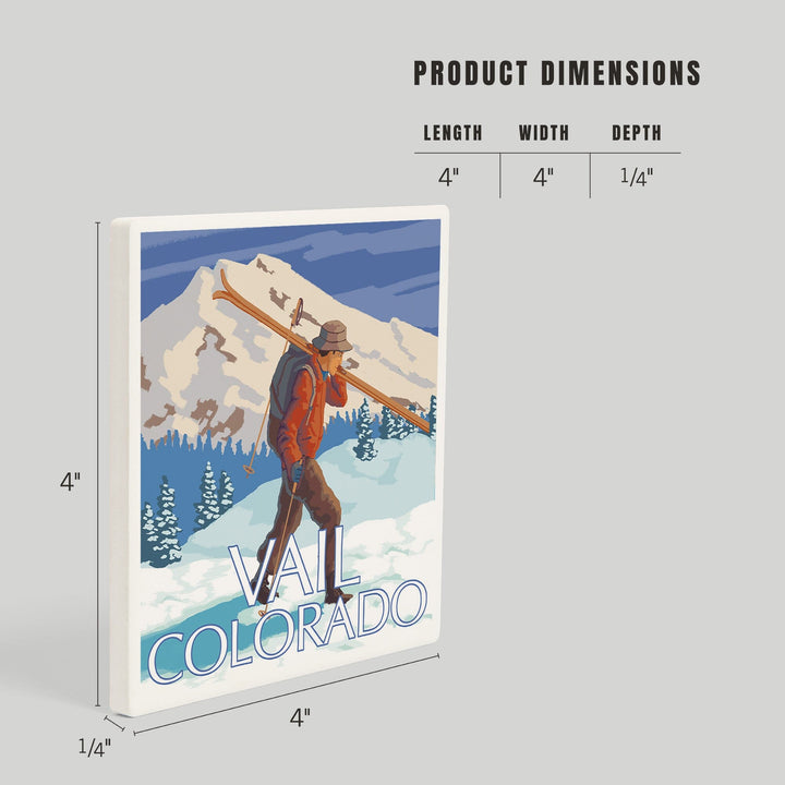 Vail, Colorado, Skier Carrying Skis, Coasters Coasters Lantern Press