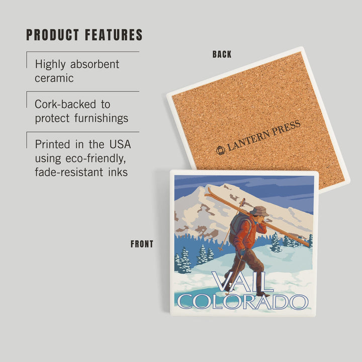 Vail, Colorado, Skier Carrying Skis, Coasters Coasters Lantern Press