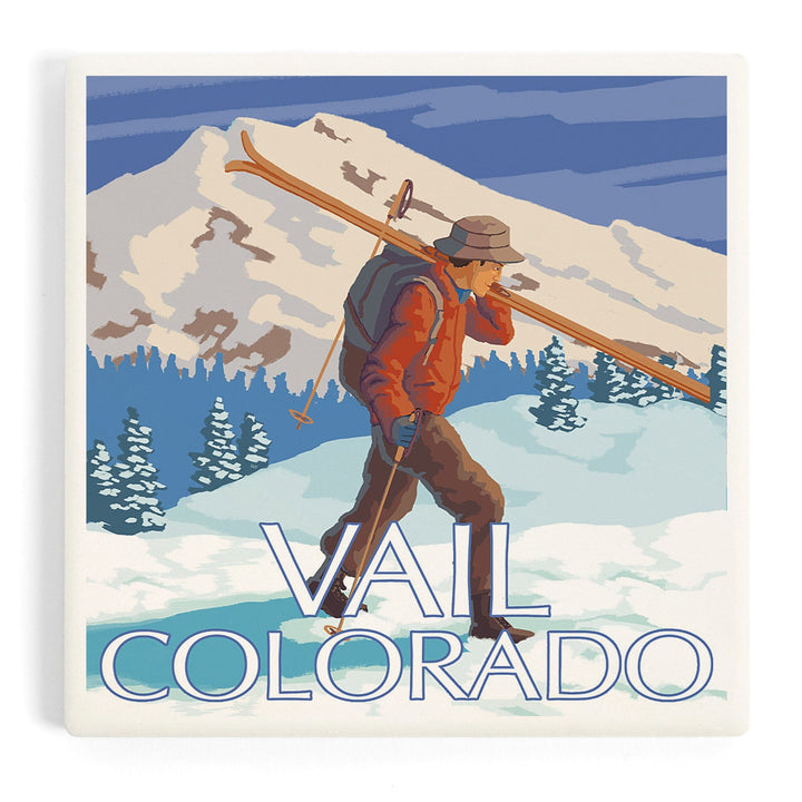 Vail, Colorado, Skier Carrying Skis, Coasters Coasters Lantern Press Coaster