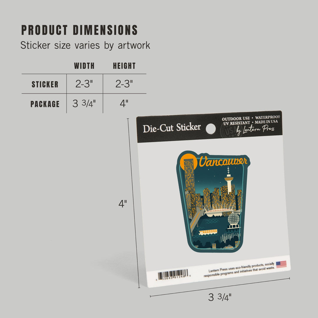 Vancouver, British Columbia, Retro Skyline, Contour, Lantern Press Artwork, Vinyl Sticker Sticker Lantern Press