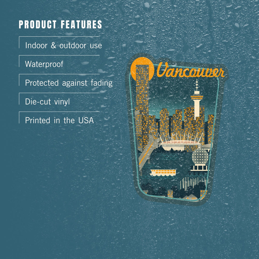 Vancouver, British Columbia, Retro Skyline, Contour, Lantern Press Artwork, Vinyl Sticker Sticker Lantern Press