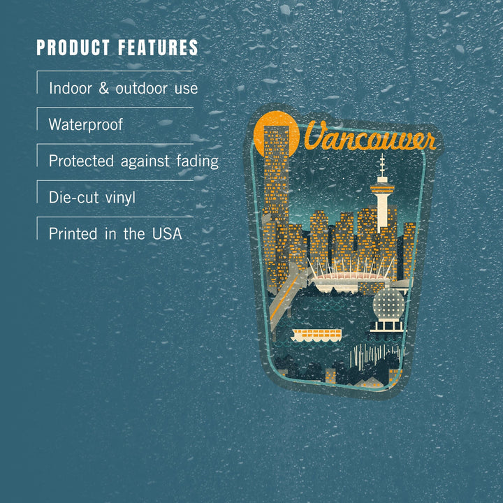 Vancouver, British Columbia, Retro Skyline, Contour, Lantern Press Artwork, Vinyl Sticker Sticker Lantern Press